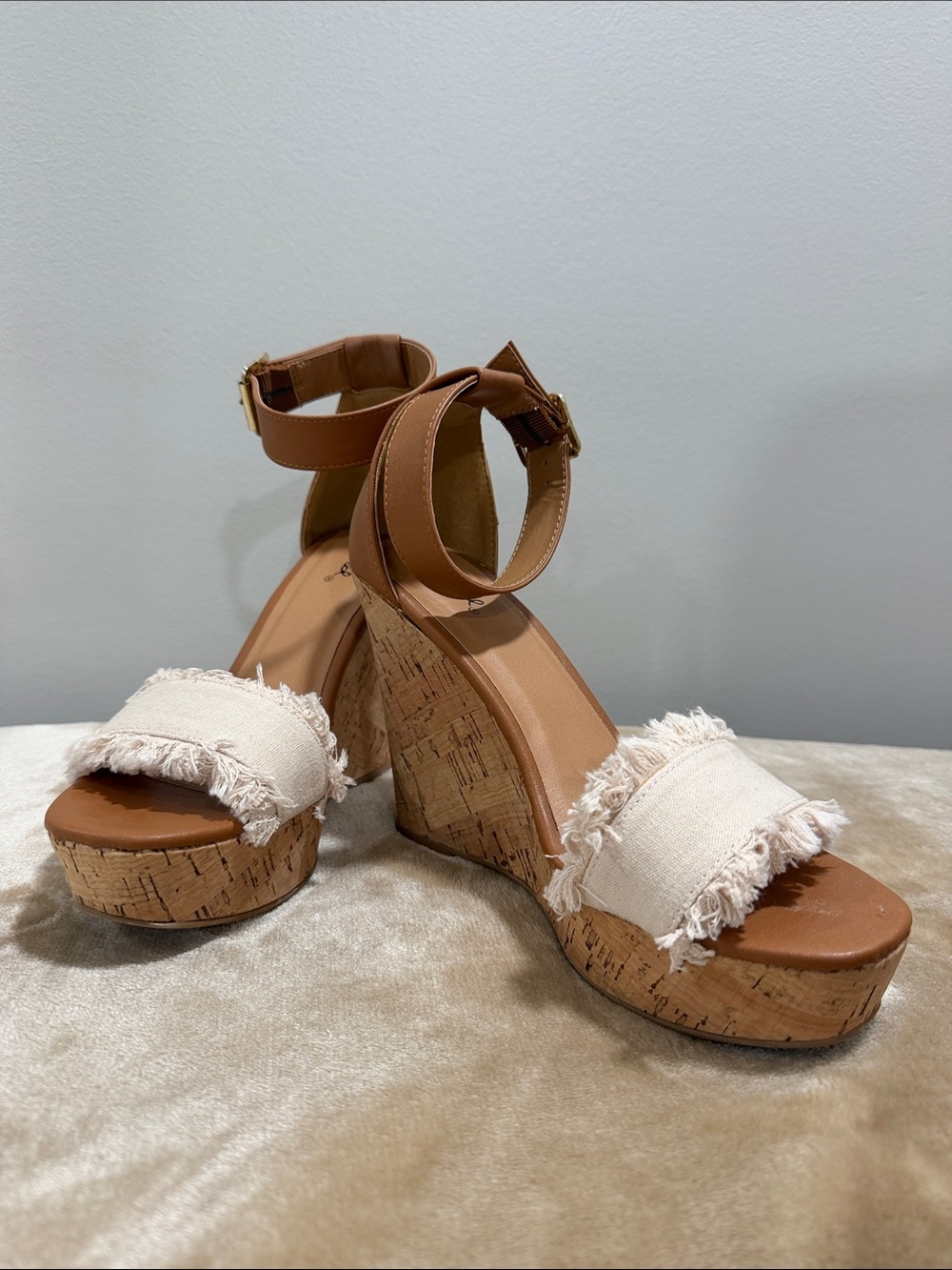 Women Qupid Tan Cork Wedges with Cream Frayed Canvas Strap
